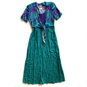 Vintage Rabbit Designs Dress Size 2P Made In USA Shoulder Pads Maxi Dress Green